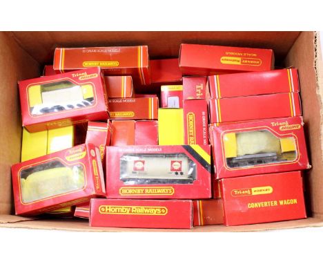 Large box containing approx. 55 Hornby goods wagons, a wide variety, some duplicates, all boxed. Some are long wheelbase. Ove