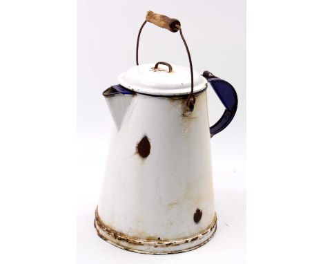 A British Railways North Eastern Region enamel water jug, white and blue example with original lid and wooden carry handle, h