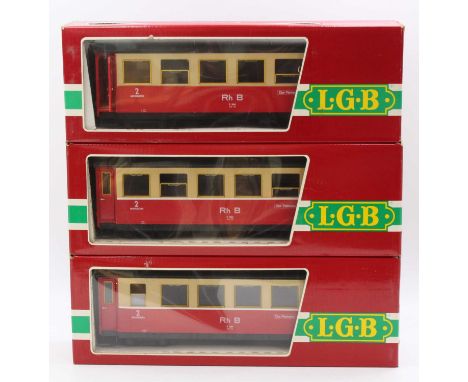 3 x LGB 3064 G scale 45mm Rh B all second coaches finished in red and cream. Model features brake gear, working doors, interi