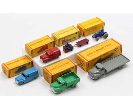 Six Dublo Dinky Toys all except 076 in darker yellow boxes: 063 Commer van, blue, SGW (M) (BVG-E) ; 064 Austin lorry, green, 