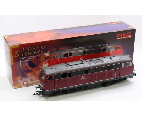 Piko G scale 45mm 37504 DB mainline locomotive, finished in burgundy with DB insignia, numbered 218 216-0. Model features a d