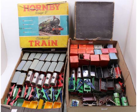 Two trays containing mainly No.20/M Hornby 0-gauge items: No.21 goods set; ‘M’ goods set with red 6161 loco &amp; tender. Wit