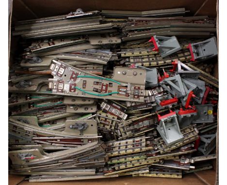 Small supermarket tray filled with Hornby-Dublo 3-rail track, a few pieces with paint on edges, and all will benefit by light