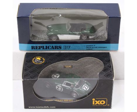 Replicars BV 1/43rd scale kit built model of a Austin Healey 3000, finished in green and white, housed in the original box, t