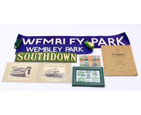 A collection of South Down related public transport collectables to include a South Down enamel strip sign, 41cm x 8.5cm, sol