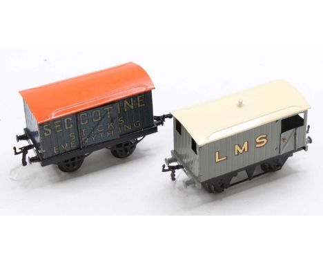 Two Hornby 0-gauge goods wagons; 1924-30 Seccotine Van, black open axleguard base, blue body (G-VG) repainted orange roof (F-