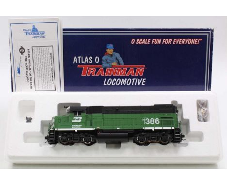 Atlas 0-gauge Trainman GP15 Bo-Bo loco item 0360-1 ‘Burlington Northern’ No.1386, 2-rail, green &amp; black. (E) (BE)