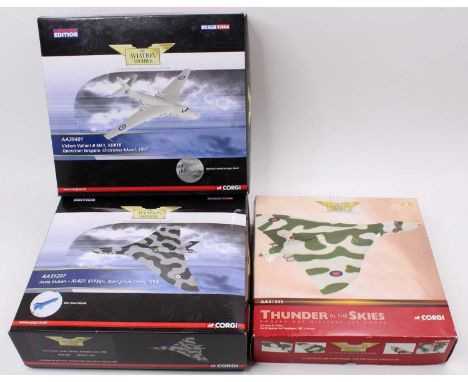 A collection of three 1/144 scale Corgi Aviation Archive diecast aircraft to include an AA31203 HS Vulcan K2, together with a