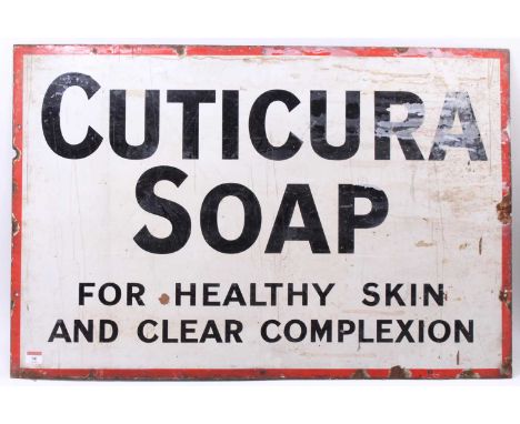 An original early 20th century Cuticura Soap enamel sign to read "Cuticura Soap for Healthy Skin and Clear Complexion", black