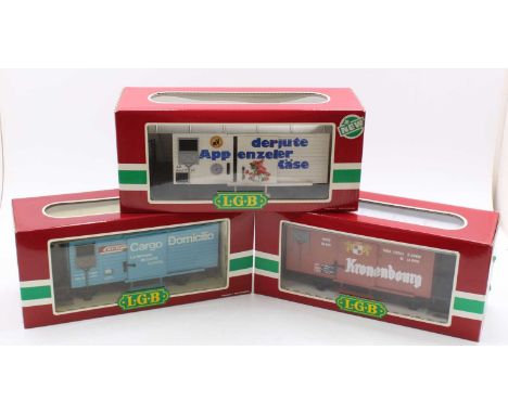 3 x LGB G scale 45 mm scale wagons, comprising of: 4328, a white 4-wheeled wagon labelled as Dergute Appenzeller Kase, 4127, 