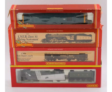 3 x 00 gauge Hornby locos 1x Hornby LMS Royal Mail coach. Locos include: LNER A1 No. 4472 "Flying Scotsman" in Brunswick gree