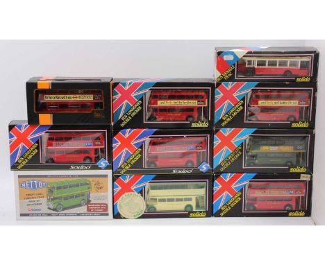 A collection of Solido, Mettoy and Ixo model buses, with examples including an Ixo AEC Regent 1939, a Mettoy MT00106 Routemas