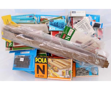 Large plastic crate containing Peco N-gauge kits. Some sealed, some have been opened. Completeness cannot be assured: 2 x eng
