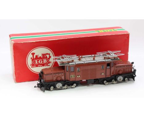 LGB G scale 45mm No.2040 Crocodile in brown numbered 413. The model features working cab side doors, pantographs, lights (unc