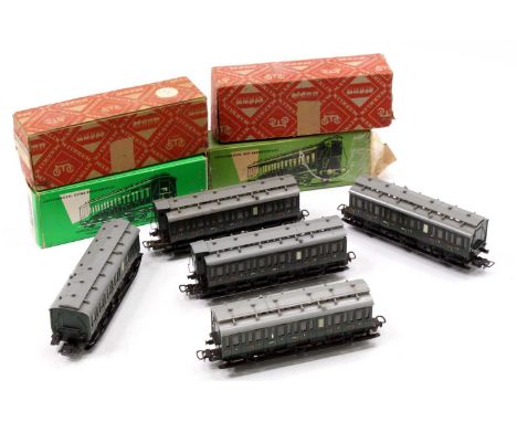 One tray containing a quantity of Marklin HO scale green DB compartment passenger cars to include a No. 4004 compartment coac