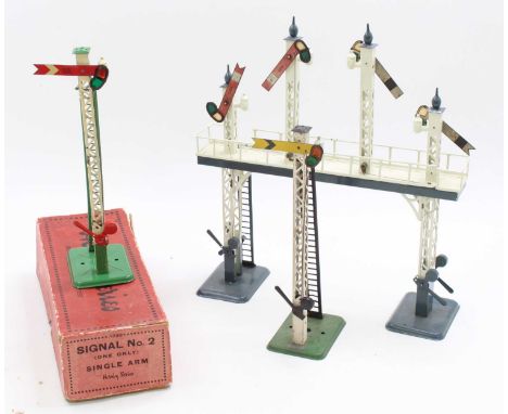 Hornby 0-gauge signals: Signal Gantry No.2 total repaint (except arms) grey blue base, finials, gantry &amp; levers, white la