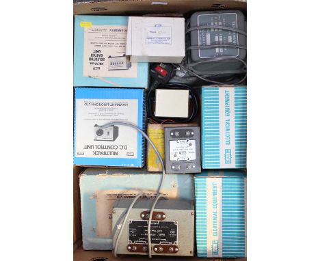 Large tray containing control equipment for 00-gauge model railways. All is untested and should be carefully checked before u