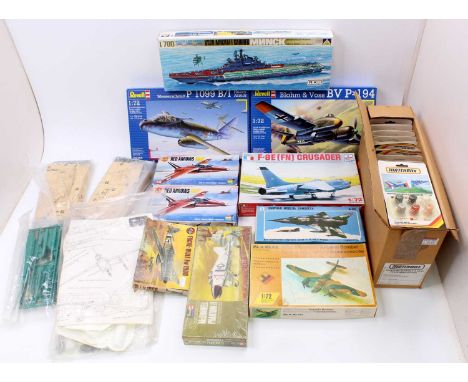 A collection of mixed plastic kits, with examples including a Revell 1/72nd scale Messerschmitt P 1099 B/1 Heavy Armour, an A