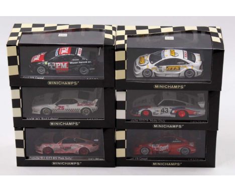 6 boxed Minichamps 1/43rd scale racing cars, with examples including a BMW M1 'Red Lobster', a Porsche 911 GT3 RS 'Pink Sally