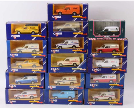 16 Corgi Toys modern issue Ford Escort Vans, all with different advertising liveries including Gamleys Toy Shop, The RAC, Piz