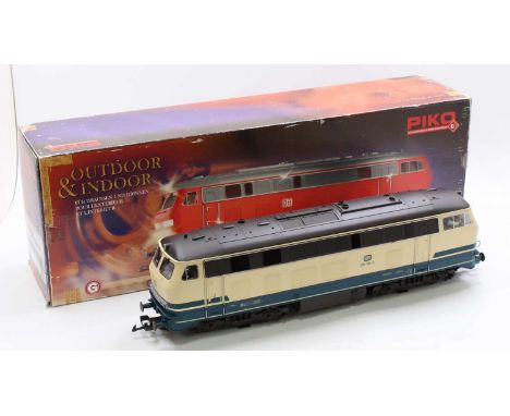 Piko G scale 45mm 37501 DB mainline locomotive finished in blue and cream, in DB livery numbered 218 194-9. Model features a 