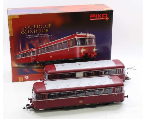 LGB 37300 G scale 45mm 2-car Schienebus, in burgundy, finished with DB livery. Fitted with a decoder, lights (unchecked), and