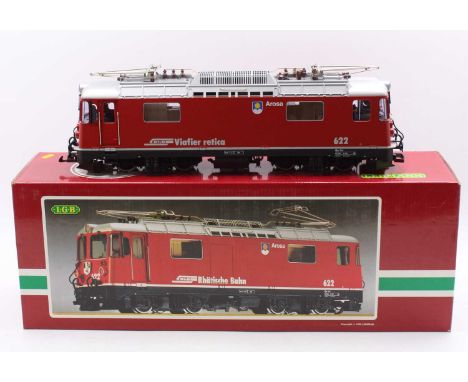 LGB G scale 45 mm 2043 mainline electric locomotive numbered 622, finished in RhB red livery. Model features pantographs, 2x 