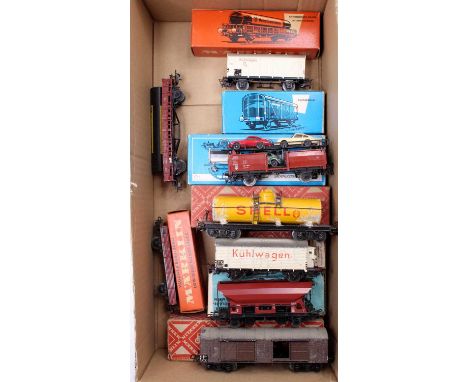 One tray of Marklin HO scale rolling stock and goods stock to include car transporter, Shell tanker wagon, low sided goods tr