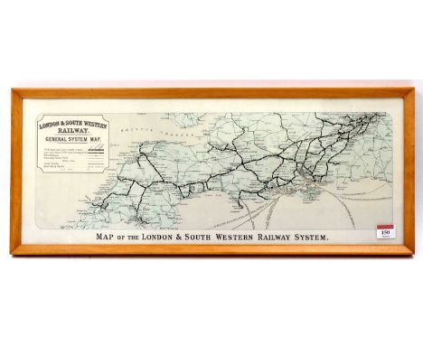 A reproduction London &amp; South Western Railway General System map, housed in a light oak frame, 66x27.5cm