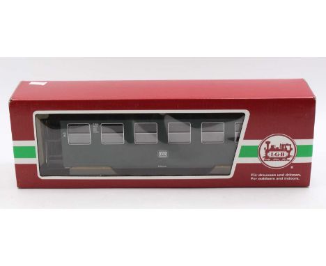 LGB G scale 45mm green DB second class bogie coach. The model features balconies on either end, brake gear, glazing and inter