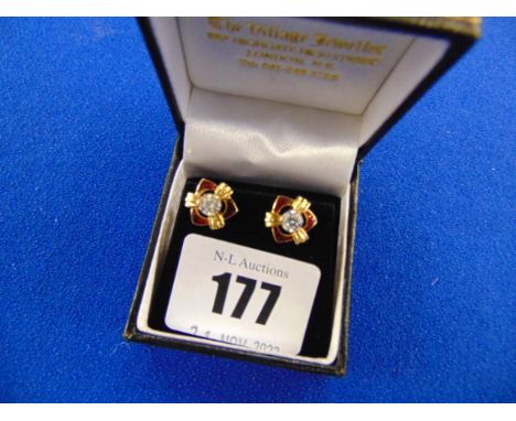 A pair of 22ct yellow gold Diamond and enamel earrings, 0.80pts Diamond