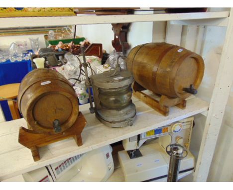 Two vintage barrels and vintage lamp