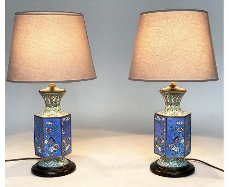 TABLE LAMPS, a pair, early 20th century Canton enamel hexagonal facetted, 60cm H. (2) 