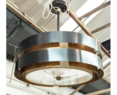 R V ASTLEY CEILING PENDANT LIGHT, glass base, gilt metal, internal shade, 50cm drop. 