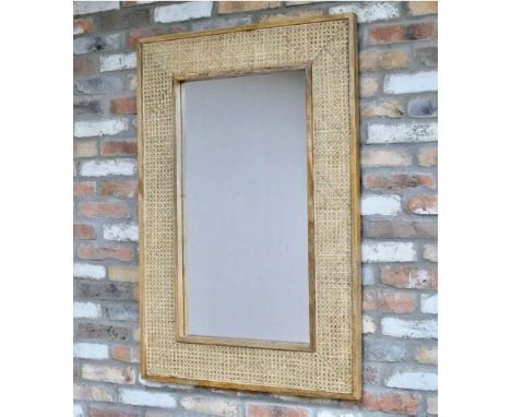 WALL MIRROR, 120cm x 80cm, 1970's Italian style, rattan frame. 