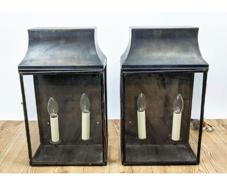 WALL LANTERNS, 46cm high, 27cm wide, 17cm deep, a pair, gilt metal and glazed, each with two branch light. (2) 