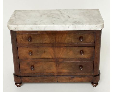 APPRENTICE COMMODE, 19th century French Charles X flame mahogany, with three long drawers and marble top, 37cm W x 31cm H x 1