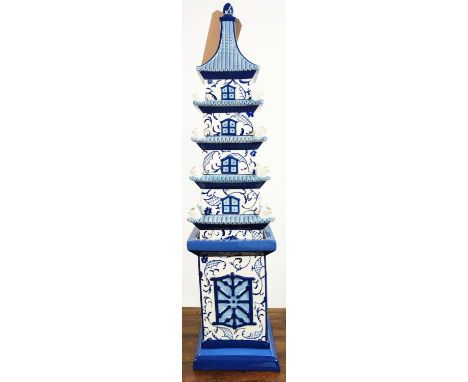 DELFTWARE STYLE PAGODA TULIP VASE, glazed ceramic, sectional design, 75cm H. 