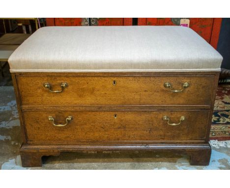 BENCH, 59cm H x 93cm W x 56cm D, Georgian oak with later fawn padded seat above two drawers. 