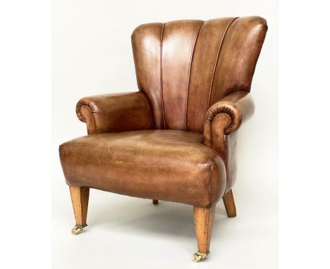 ARMCHAIR, 70cm W, Art Deco style, light brown leather upholstered, with channelled back, scroll arms and square tapering supp