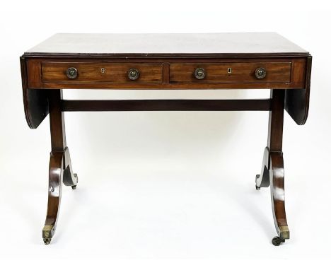 SOFA TABLE, Regency mahogany circa 1825, with two drawers and brass castors, 72cm x h x 68cm W x 148cm W open. 