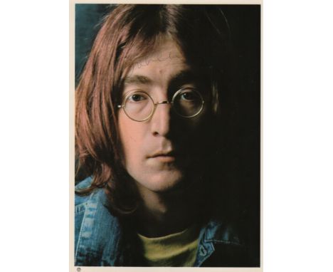 LENNON JOHN: (1940-1980) English Musician, a member of The Beatles. An excellent signed colour 7.5 x 10.5 cardstock photograp