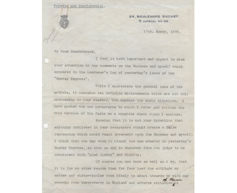  EDWARD, DUKE OF WINDSOR: (1894-1972) King of the United Kingdom January - December 1936. A highly important T.L.S., Edward, 