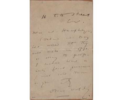 WILDE OSCAR: (1854-1900) Irish Playwright and Novelist. A.L.S., Oscar Wilde, one page, 8vo, 16 Tite Street, London, n.d. (c.1