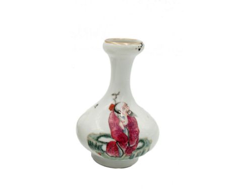 A Chinese famille rose porcelain vase, 19th century, with a seated male figure and calligraphy, height 12.5cm.  Condition rep