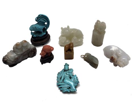 Five various Chinese jade carvings, including a pendant, largest height 5.8cm, a turquoise carving and brooch, one soapstone 