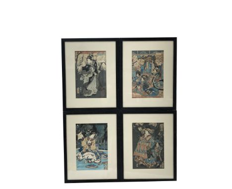 Five Japanese woodblock prints depicting Geisha girls, 19th century, each with calligraphy, 34 x 21cm.