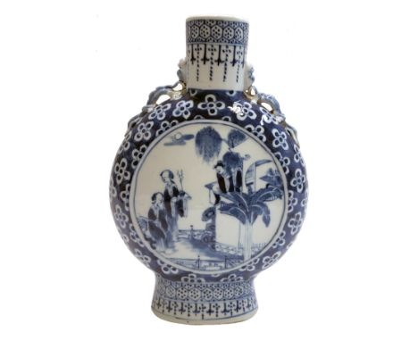 A Chinese blue and white porcelain moon flask, 19th century, the circular panels each with figures on a balcony, height 26.3c