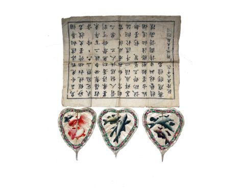 Three Chinese Canton fish painted fig leaves, 19th century, each approx 16 x 13.5cm and a rectangular calligraphy panel, 30.5