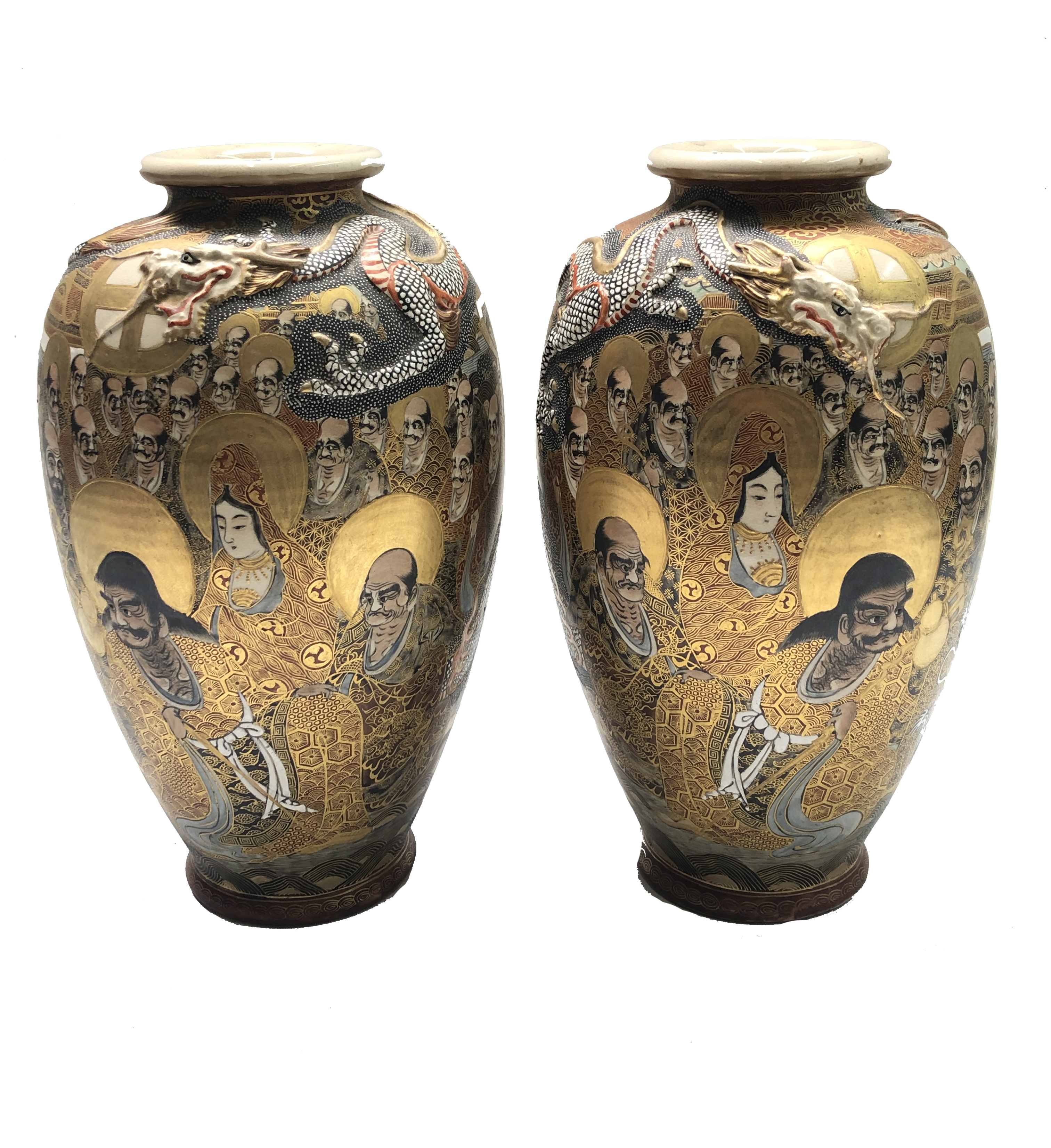 A pair of Japanese satsuma 'Thousand Faces' vases, 19th century, with applied dragons, gilt chara